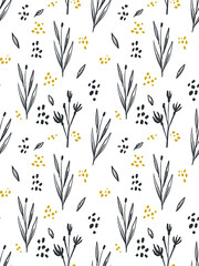 Elegant seamless pattern with black hand painted flowers, branches and dots. 2 colors.Can be used for textile design, fabric, clothes design, wallpapers.