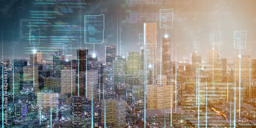 Poster smart city with network and communication connection - 3d rendering