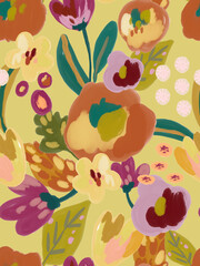 Seamless pattern with abstract hand painted gouache technique flowers. Can be used for textile design, fabric, clothes design, wallpapers.