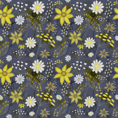 Seamless floral pattern, drawing with pastels, twigs, flowers and berries.