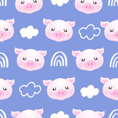 Pig pattern. Good night, sweet dreams - funny hand drawn doodle, seamless pattern. Lettering poster or t-shirt textile graphic design.  wallpaper, wrapping paper, blu background.