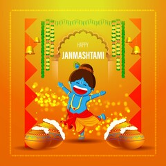vector illustration for Indian festival Janmashtami, birth of lord Krishna (Hindu god), butter pots, flute on colorful abstract background