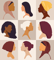 Female diverse faces of different ethnicity pattern. Set of 9 faces. Women empowerment movement pattern. International women's day graphic in vector. - 442484566