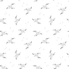 Seamless pattern with Silhouettes birds on turquoise background. Silhouettes of seagulls flying in the sky. Vector colored endless texture for your designs packing, cards, wrapping paper, textile