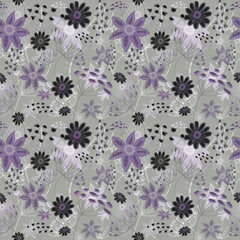 Seamless floral pattern, drawing with pastels, twigs, flowers and berries.