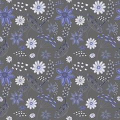 Seamless floral pattern, drawing with pastels, twigs, flowers and berries.