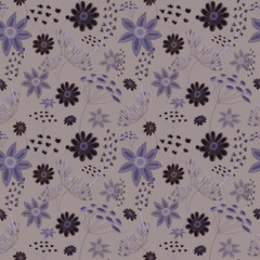 Seamless floral pattern, drawing with pastels, twigs, flowers and berries.