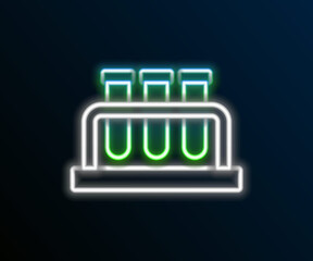 Glowing neon line Test tube and flask chemical laboratory test icon isolated on black background. Laboratory glassware sign. Colorful outline concept. Vector