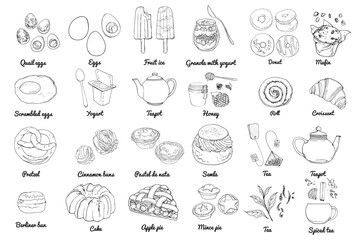 Vector food icons. Colored sketch of food products. Baking, sweets, eggs, tea