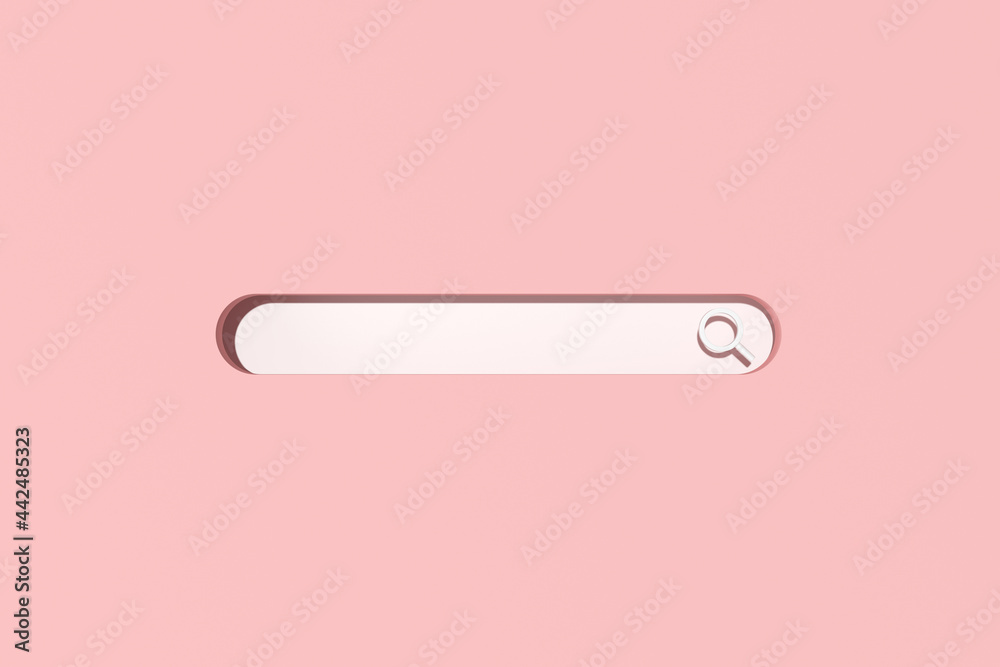 Poster 3d rendering of blank search bar on pink background. Minimal scene of internet searching.