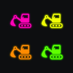 Backhoes four color glowing neon vector icon