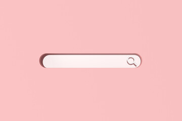 3d rendering of blank search bar on pink background. Minimal scene of internet searching.