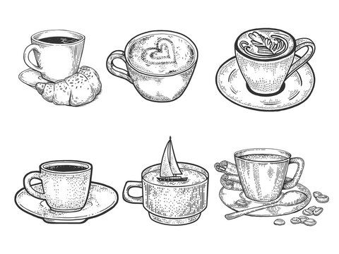 Coffee cups set line art sketch raster