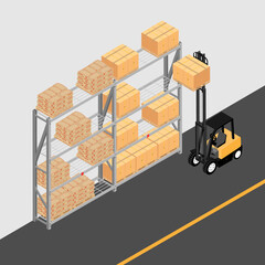 Warehouse interior with shelves, pallets, forklift and boxes.  Logistic Delivery Service Concept