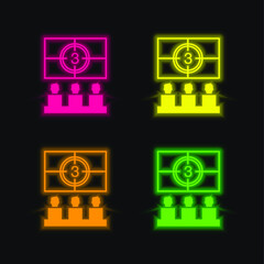 Audience Watching On Cinema Theater four color glowing neon vector icon