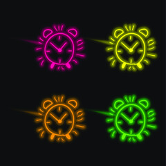 Alarm Clock Hand Drawn Outline four color glowing neon vector icon