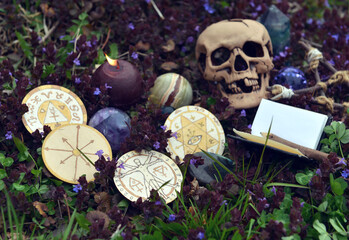Still life wil skull, crystal, burning candle, book and magic ritual objects outside.