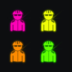 Bicyclist With Helmet And Jacket four color glowing neon vector icon