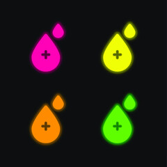 Blood Drop four color glowing neon vector icon