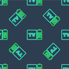 Line Multimedia and TV box receiver and player with remote controller icon isolated seamless pattern on blue background. Vector