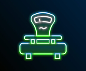 Glowing neon line Scales icon isolated on black background. Weight measure equipment. Colorful outline concept. Vector