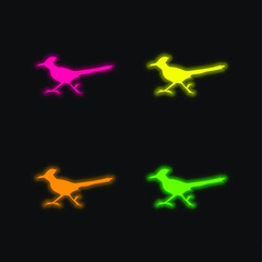 Bird Roadrunner Shape four color glowing neon vector icon