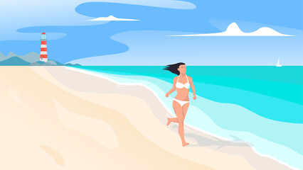 Sports girl in a bikini runs along the sea beach. Summer landscape with ocean, lighthouse. Outdoor sports concept. Vector flat style
