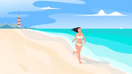 Foto op Plexiglas Sports girl in a bikini runs along the sea beach. Summer landscape with ocean, lighthouse. Outdoor sports concept. Vector flat style © GavrBY