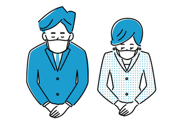 お辞儀をするスーツの男女のイラスト素材/マスクあり