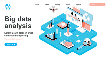 Big data analysis isometric concept. Analyst presents report of business statistics, company indicators development, line flat isometry web banner. Vector illustration in 3d design for landing page