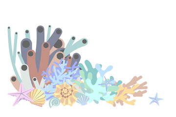 Underwater landscape. Reef with colorful coral, sponge, seashell, starfish. Copy space for design. Cartoon style.