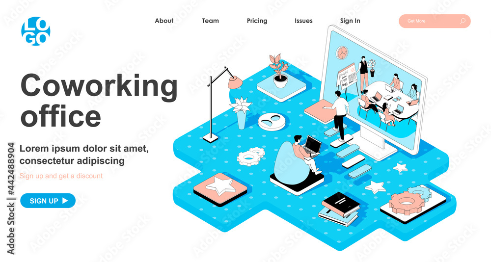 Aufkleber coworking office isometric concept. business meeting of company employees, freelancer works in open 