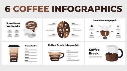 Coffee break Infographics pack. Vector slide template. Creative illustration with coffee bean, human head brain, light bulb and cups. Generating idea brainstorm process. 