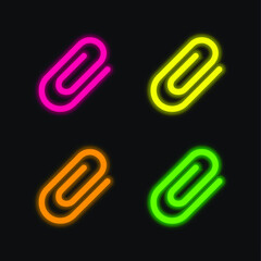 Attach Interface Symbol Of Diagonal Paperclip Tool four color glowing neon vector icon