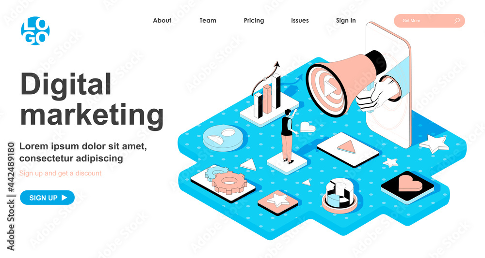 Poster digital marketing isometric concept. advertising campaign, business promotion, communication strateg