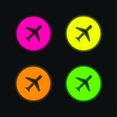 Airplane four color glowing neon vector icon