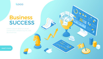 Business success and achievements. Successful startup. Planning, working, management, marketing for financial profit growth. Isometric vector illustration for website.