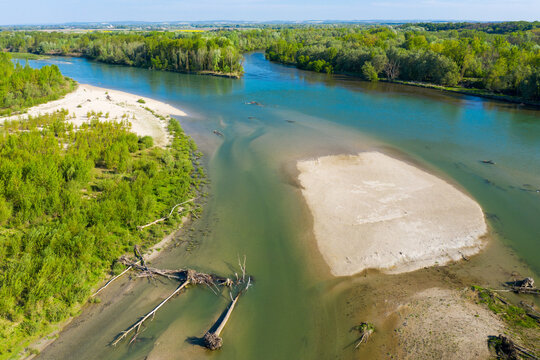 Aerial view of the confluence of Mura and Drava rivers