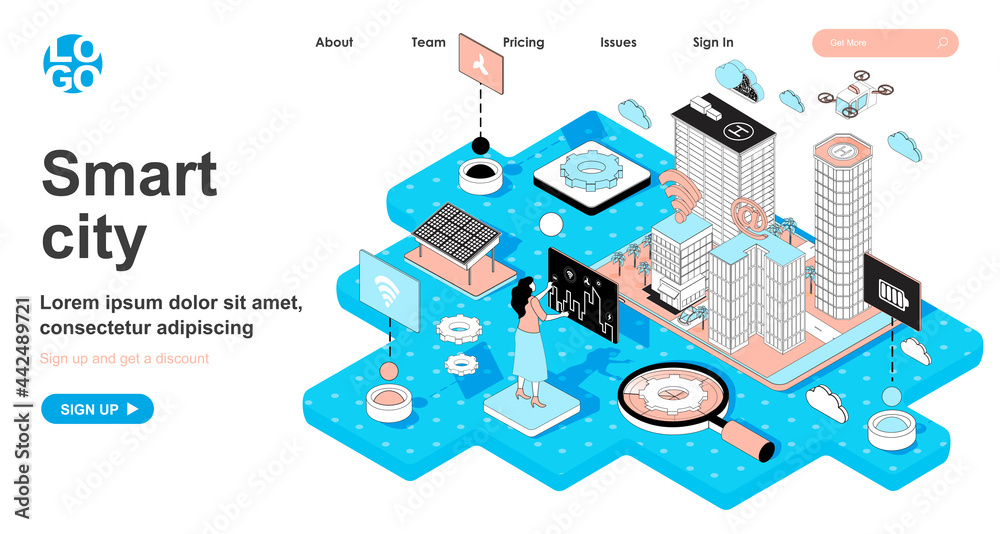 Poster smart city isometric concept. future cityscape, skyscrapers and infrastructure, management with wire