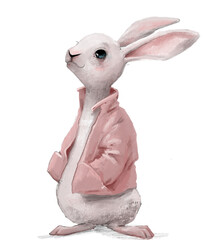 cute white hare character with pink jacket © cofeee
