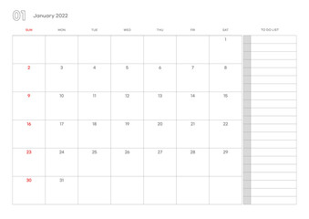 Simple january 2022 calendar template illustration.