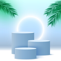 Blank blue podium with palm leaves and glowing ring. Pedestal. Cosmetic products display platform. 3d render stage. Exhibition stand. Vector illustration.