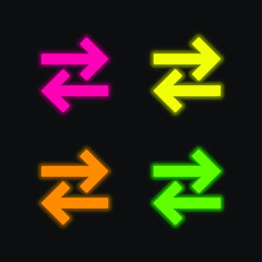 Arrows Couple To Opposite Directions four color glowing neon vector icon