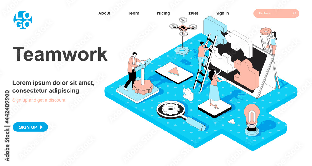 Aufkleber teamwork isometric concept. colleagues work together, collaboration and connection, team building an