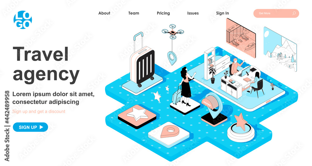 Poster travel agency isometric concept. operator assists client in choosing tour, booking and purchasing ti