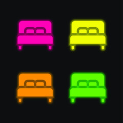 Bed four color glowing neon vector icon