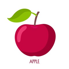 Flat icon red Apple fruit with leaf isolated on white background. Farmer Market Logo. Organic food eco template for menu, apple jam and juice label, tea banner, apple product, fruit website, banner