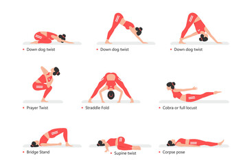 Yoga Poses set. Set of sportive young woman doing yoga. Healthy lifestyle. flat style