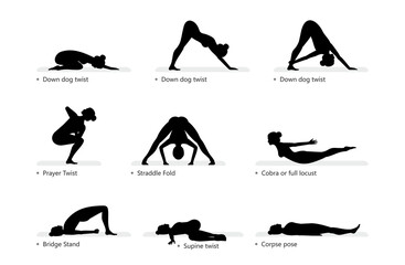 Yoga Poses set. Set of sportive young woman doing yoga. Healthy lifestyle. flat style