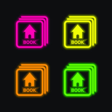 Baby Flash Cards With Book Image four color glowing neon vector icon